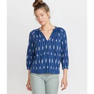 Marine Layer Penny Blouse in Blue Ikat Cotton Handwoven 3/4 Sleeve Small Peasant